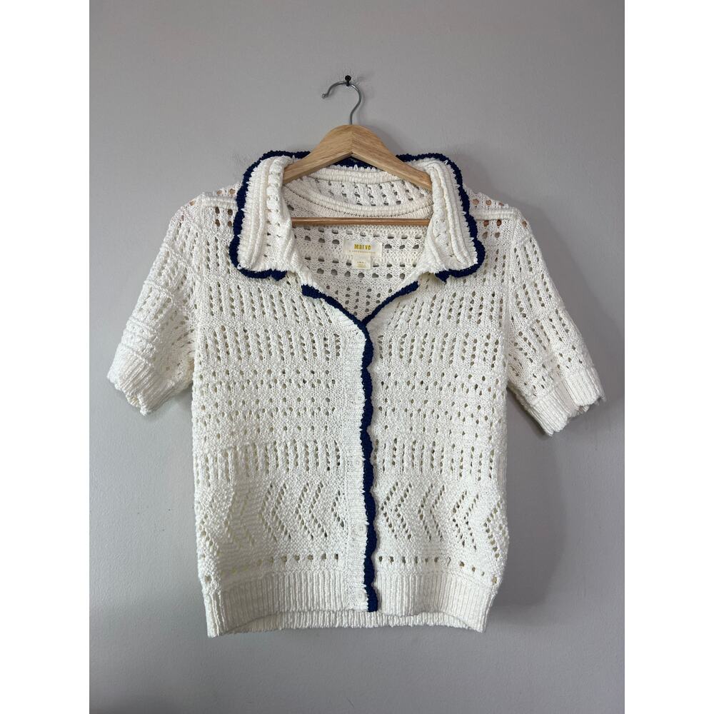 NEW Maeve Short-Sleeve Open-Stitch Polo Cardigan Sweater Top Cream Size: Small - Picture 2 of 8